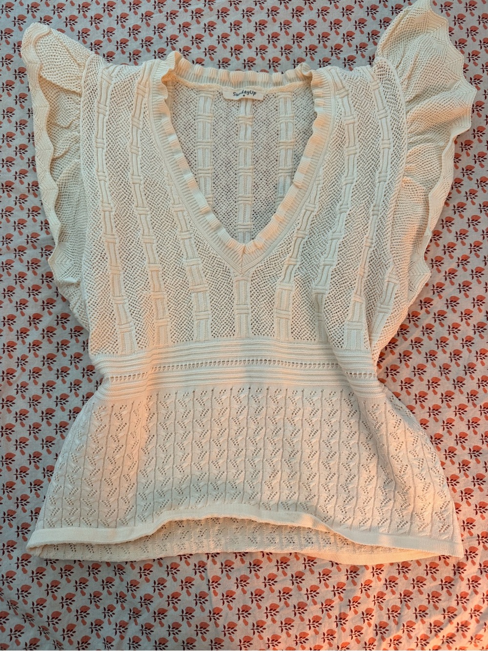 Sunday Cream Cable Knit V-Neck Ruffle Sleeve Top
